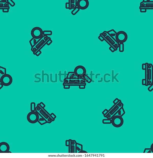 Blue line\
Car search icon isolated seamless pattern on green background.\
Magnifying glass with car.  Vector\
Illustration
