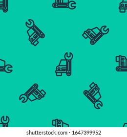 Blue line Car service icon isolated seamless pattern on green background. Auto mechanic service. Repair service auto mechanic. Maintenance sign.  Vector Illustration