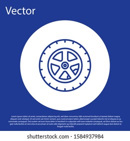 Blue line Car wheel icon isolated on blue background. White circle button. Vector Illustration