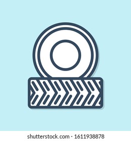 Blue line Car wheel icon isolated on blue background.  Vector Illustration