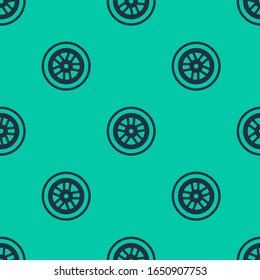 Blue line Car wheel icon isolated seamless pattern on green background.  Vector Illustration