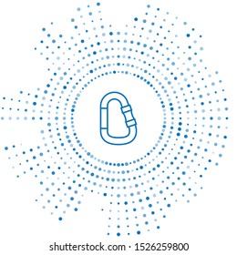 Blue line Carabiner icon isolated on white background. Extreme sport. Sport equipment. Abstract circle random dots. Vector Illustration