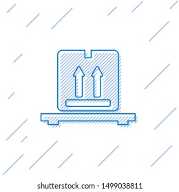 Blue line Cardboard boxes on pallet icon isolated on white background. Closed carton delivery packaging box with fragile signs.  Vector Illustration