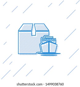 Blue line Cargo ship with boxes delivery service icon isolated on white background. Delivery, transportation. Freighter with parcels, boxes, goods.  Vector Illustration