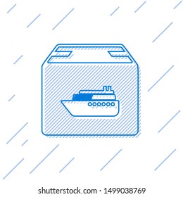 Blue line Cargo ship with boxes delivery service icon isolated on white background. Delivery, transportation. Freighter with parcels, boxes, goods.  Vector Illustration