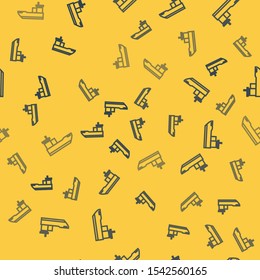 Blue line Cargo ship icon isolated seamless pattern on yellow background.  Vector Illustration