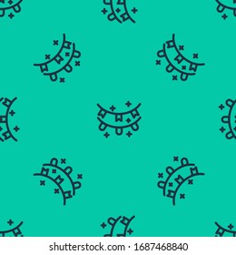 Blue line Carnival garland with flags icon isolated seamless pattern on green background. Party pennants for birthday celebration, festival and fair decoration.  Vector Illustration