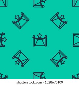Blue line Carpet with barriers and star icon isolated seamless pattern on green background. VIP event, luxury celebration. Celebrity party entrance.  Vector Illustration