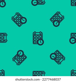 Blue line Carton cardboard box and fast time delivery icon isolated seamless pattern on green background. Box, package, parcel sign. Delivery and packaging.  Vector