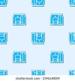 Blue line Cartridge for retro game console icon isolated seamless pattern on grey background. TV Game cartridge.  Vector Illustration