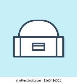 Blue line Case or box container for wobbler and gear fishing equipment icon isolated on blue background. Fishing tackle.  Vector Illustration