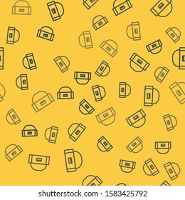 Blue line Case or box container for wobbler and gear fishing equipment icon isolated seamless pattern on yellow background. Fishing tackle.  Vector Illustration