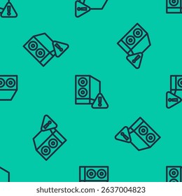Blue line Case of computer with exclamation mark icon isolated seamless pattern on green background. Computer server. Workstation.  Vector