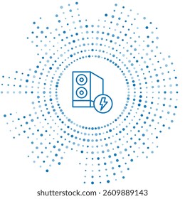 Blue line Case of computer icon isolated on white background. Computer server. Workstation. Abstract circle random dots. Vector