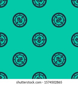 Blue line Casino chip with dollar symbol icon isolated seamless pattern on green background. Casino gambling.  Vector Illustration