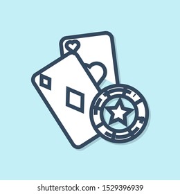 Blue line Casino chip and playing cards icon isolated on blue background. Casino poker.  Vector Illustration
