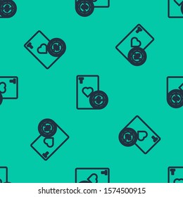 Blue line Casino chip and playing cards icon isolated seamless pattern on green background. Casino poker.  Vector Illustration