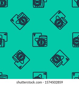 Blue line Casino chip and playing cards icon isolated seamless pattern on green background. Casino poker.  Vector Illustration