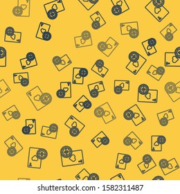 Blue line Casino chip and playing cards icon isolated seamless pattern on yellow background. Casino poker.  Vector Illustration