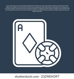 Blue line Casino chip and playing cards icon isolated on blue background. Casino poker.  Vector