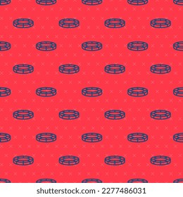 Blue line Casino chips icon isolated seamless pattern on red background. Casino gambling.  Vector