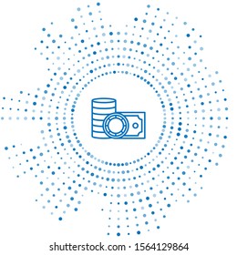 Blue line Casino chips and stacks paper money cash icon isolated on white background. Casino gambling. Abstract circle random dots. Vector Illustration