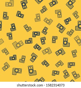 Blue line Casino chips and stacks paper money cash icon isolated seamless pattern on yellow background. Casino gambling.  Vector Illustration