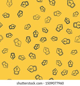 Blue line Castle in the shape of a heart icon isolated seamless pattern on yellow background. Locked Heart. Love symbol and keyhole sign.  Vector Illustration