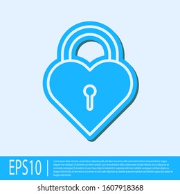 Blue line Castle in the shape of a heart icon isolated on grey background. Locked Heart. Love symbol and keyhole sign.  Vector Illustration