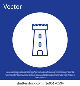 Blue line Castle tower icon isolated on blue background. Fortress sign. White circle button. Vector Illustration
