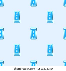 Blue line Castle tower icon isolated seamless pattern on grey background. Fortress sign.  Vector Illustration