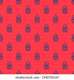 Blue line Castle tower icon isolated seamless pattern on red background. Fortress sign.  Vector