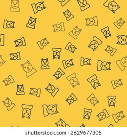 Blue line Cat icon isolated seamless pattern on yellow background. Animal symbol.  Vector