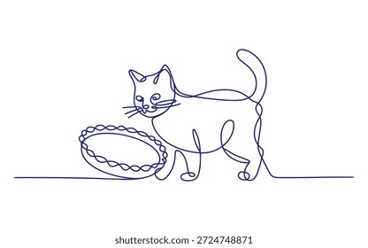 Eine blaue Linie einer Katze, die mit einem Garnball auf einer flachen Linie spielt, blau verspielt