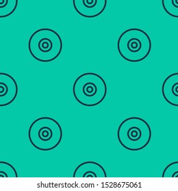 Blue line CD or DVD disk icon isolated seamless pattern on green background. Compact disc sign.  Vector Illustration