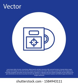 Blue line CD or DVD disk in box icon isolated on blue background. Compact disc sign. White circle button. Vector Illustration