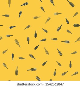 Blue line Cereals set with rice, wheat, corn, oats, rye, barley icon isolated seamless pattern on yellow background. Ears of wheat bread symbols.  Vector Illustration