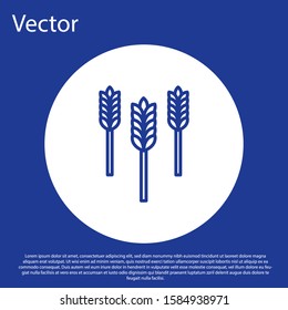 Blue line Cereals set with rice, wheat, corn, oats, rye, barley icon isolated on blue background. Ears of wheat bread symbols. White circle button. Vector Illustration