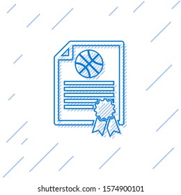 Blue line Certificate template basketball award icon isolated on white background. Achievement, award, degree, grant, diploma concepts.  Vector Illustration