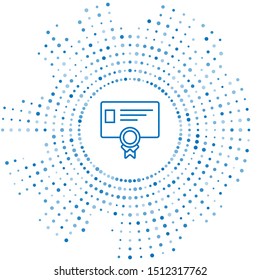 Blue line Certificate template icon isolated on white background. Achievement, award, degree, grant, diploma concepts. Business success certificate. Abstract circle random dots. Vector Illustration