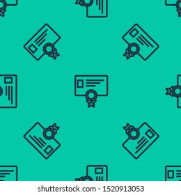 Blue line Certificate template icon isolated seamless pattern on green background. Achievement, award, degree, grant, diploma concepts. Business success certificate.  Vector Illustration