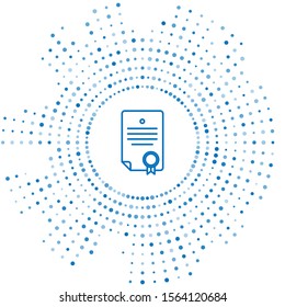 Blue line Certificate template icon isolated on white background. Achievement, award, degree, grant, diploma. Business success certificate. Abstract circle random dots. Vector Illustration