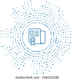 Blue line Certificate template icon isolated on white background. Achievement, award, degree, grant, diploma. Business success certificate. Abstract circle random dots. Vector Illustration