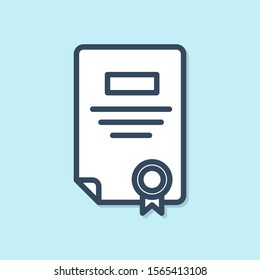 Blue line Certificate template icon isolated on blue background. Achievement, award, degree, grant, diploma. Business success certificate.  Vector Illustration