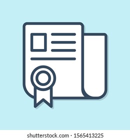 Blue line Certificate template icon isolated on blue background. Achievement, award, degree, grant, diploma. Business success certificate.  Vector Illustration