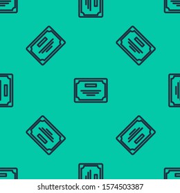 Blue line Certificate template icon isolated seamless pattern on green background. Achievement, award, degree, grant, diploma. Business success certificate.  Vector Illustration