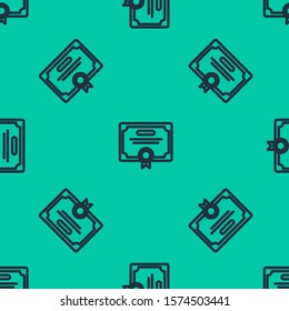 Blue line Certificate template icon isolated seamless pattern on green background. Achievement, award, degree, grant, diploma. Business success certificate.  Vector Illustration
