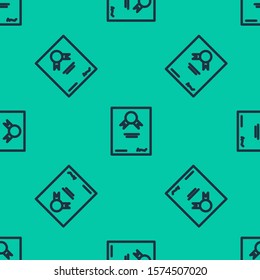 Blue line Certificate template icon isolated seamless pattern on green background. Achievement, award, degree, grant, diploma. Business success certificate.  Vector Illustration