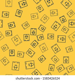Blue line Certificate template icon isolated seamless pattern on yellow background. Achievement, award, degree, grant, diploma. Business success certificate.  Vector Illustration