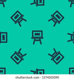 Blue line Chalkboard icon isolated seamless pattern on green background. School Blackboard sign.  Vector Illustration
